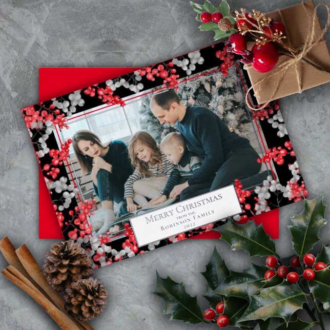 Holly Berries Elegant Merry Christmas Photo Foil Holiday Card (Creator Uploaded)