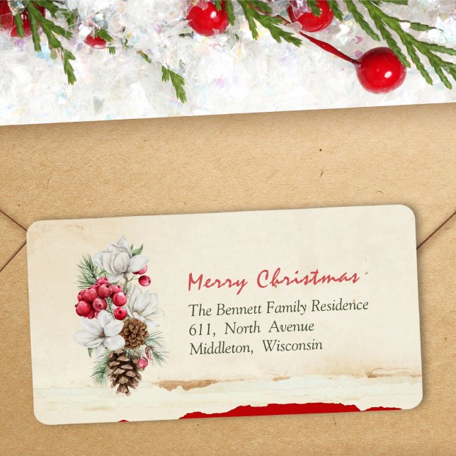 Holly Berries Foliage Pine Cones Return Address    Label (Creator Uploaded)