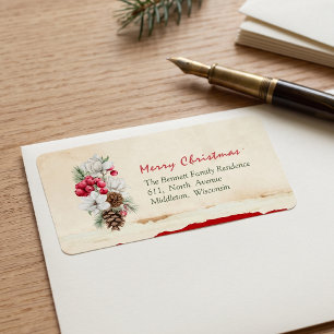 Holly Berries Foliage Pine Cones Return Address Label