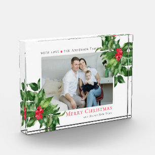 Holly Berries Frame Christmas Personalized Photo Block