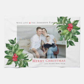 Holly Berries Frame Christmas Personalized Photo Kitchen Towel