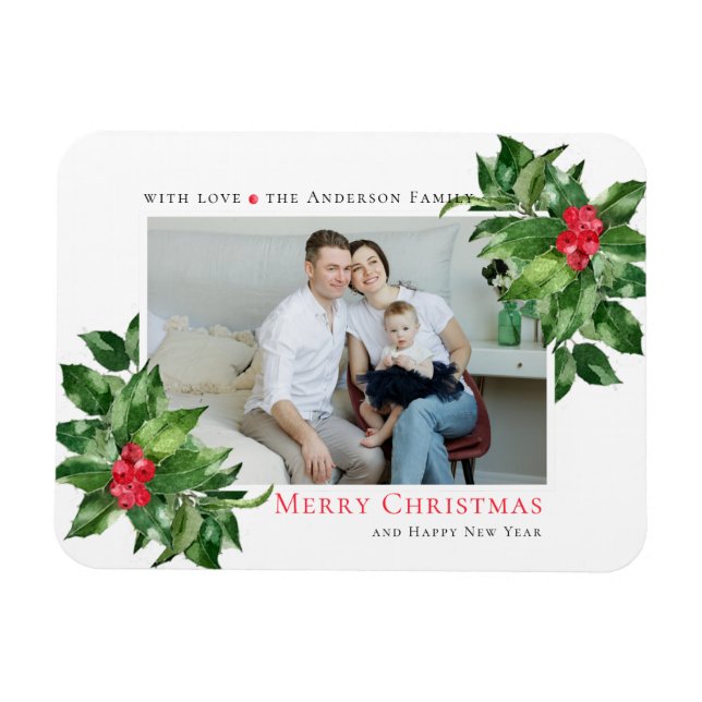 Holly Berries Frame Christmas Personalized Photo Magnet (Horizontal)