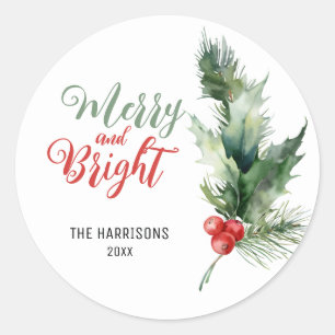 Holly Berries Greenery Merry & Bright Christmas Classic Round Sticker