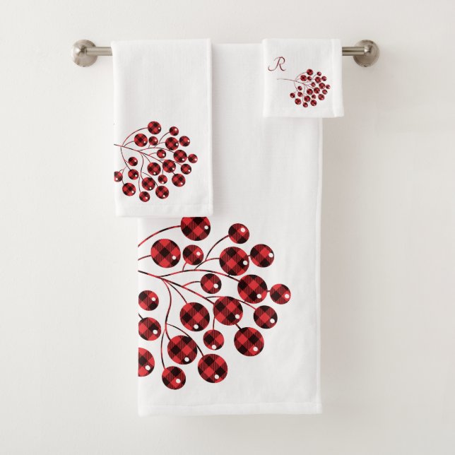 Holly Berries in  Red and Black Buffalo Plaid Bath Towel Set (Insitu)