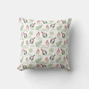 Holly Berries, Leaves, Snowflake Christmas Pattern Throw Pillow