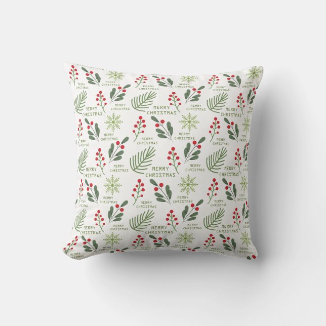 Holly Berries, Leaves, Snowflake Christmas Pattern Throw Pillow (Front)