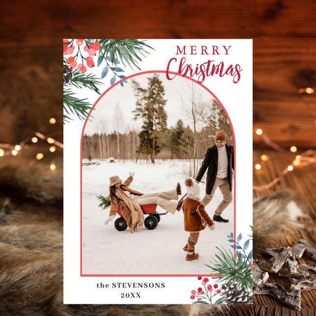 Holly Berries Merry Christmas Chic Arch Photo Holiday Card (Creator Uploaded)