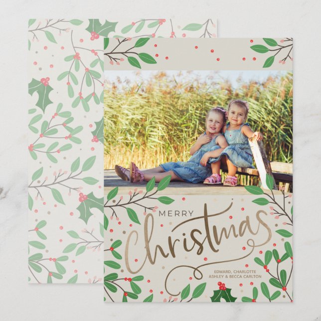 Holly Berries Merry Christmas Photo Holiday Card (Front/Back)