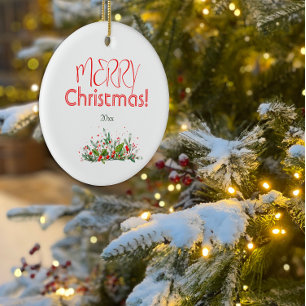 Holly Berries Merry Christmas watercolor photo Ceramic Ornament