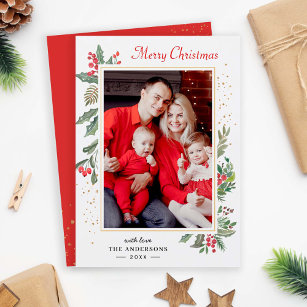 Holly Berries Mistletoe Chic Merry Christmas Photo Holiday Card