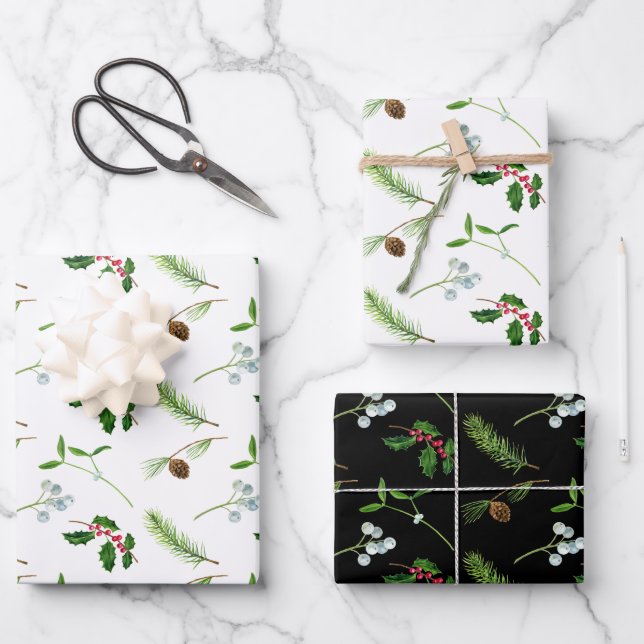Holly Berries Mistletoe Ferns Christmas Pattern  Wrapping Paper Sheet (Front)