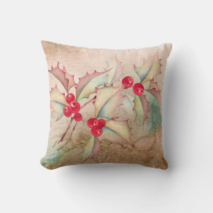 Holly Berries on Peach Throw Pillow