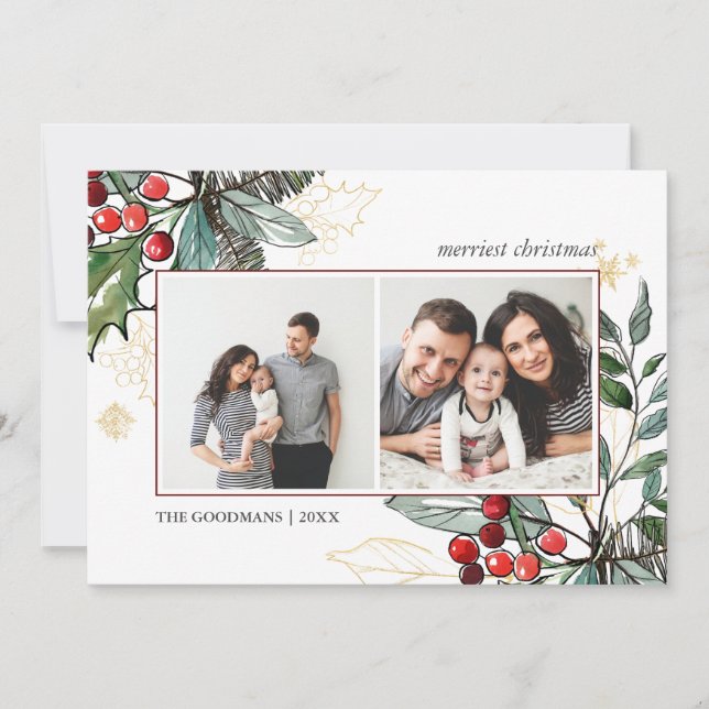 Holly Berries Outlined Christmas 2 photos Holiday Card (Front)