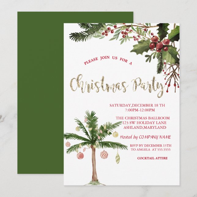  Holly Berries Palm Tree Company Christmas Party  Invitation (Front/Back)