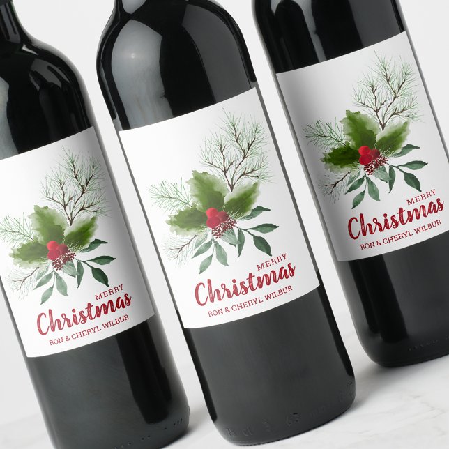 Holly Berries Pine Merry Christmas Wine Label (Creator Uploaded)