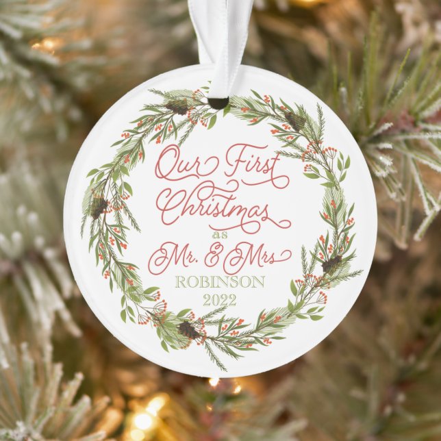 Holly Berries Pine Our First Christmas Photo Ornam Ornament (Tree)