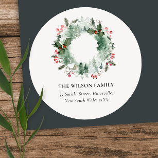  Holly Berries Pine Snow Christmas Wreath Address Classic Round Sticker
