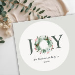 Holly Berries Pine Tree Joy Christmas Wreath Classic Round Sticker<br><div class="desc">If you need any further customisation please feel free to message me on yellowfebstudio@gmail.com.</div>