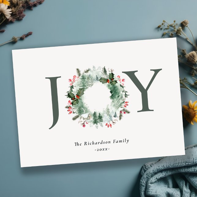 Holly Berries Pine Tree Joy Christmas Wreath Holiday Card (Creator Uploaded)
