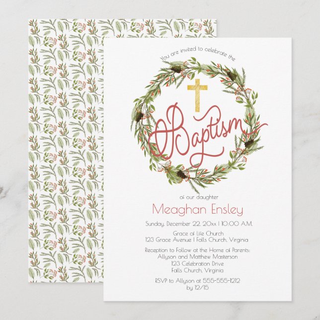 Holly | Berries Pine Wreath Christmas Baptism Invi Invitation (Front/Back)