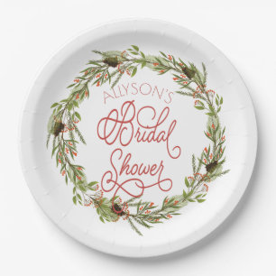 Holly Berries Pine Wreath Holiday Bridal Shower Paper Plate