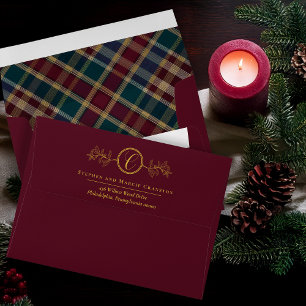 Holly Berries Plaid Gold Monogram Return Address Envelope
