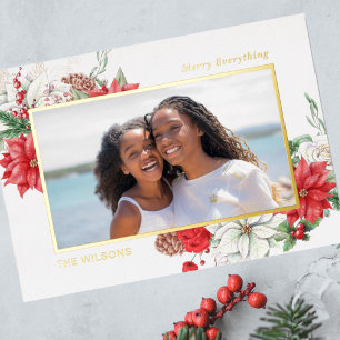 Holly Berries Poinsettias Pine Cone Photo Foil Holiday Card