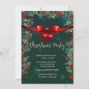 Holly Berries Red Bow Green Company Christmas Invitation