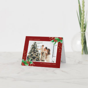 Holly Berries Red Gold Family Photo Christmas Holiday Card