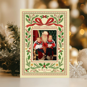 Holly Berries & Red Ribbon Vintage Painted Holiday Card