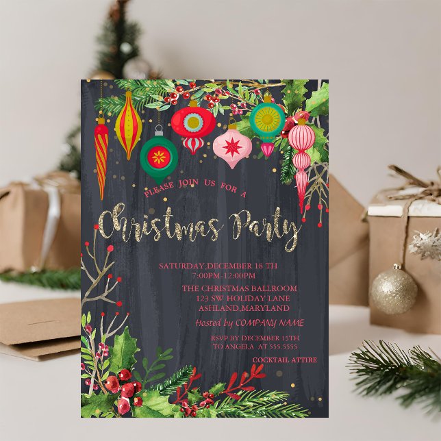 Holly Berries,Retro Balls Black Christmas Invitation (Creator Uploaded)