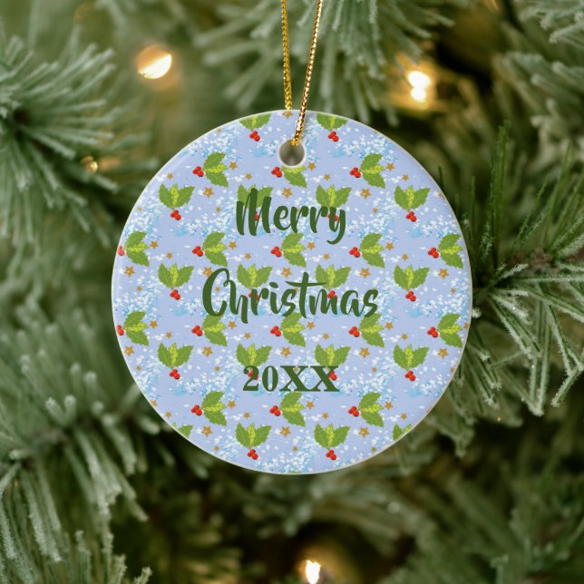 Holly berries snow and stars small scale pattern ceramic ornament (Tree)