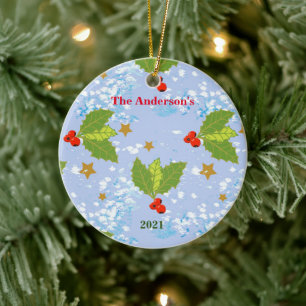 Holly berries snow stars surface pattern name year ceramic ornament