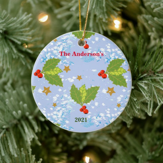 Holly berries snow stars surface pattern name year ceramic ornament (Tree)