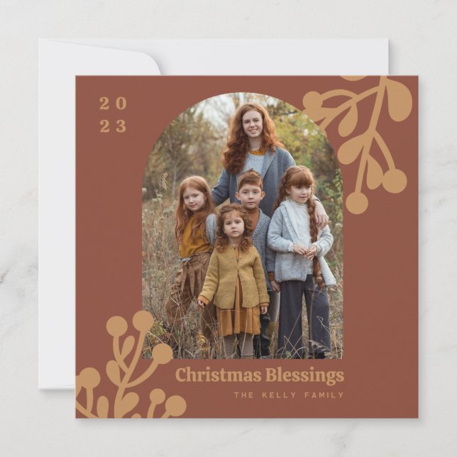 Holly Berries Terracotta Christmas Photo Arch Holiday Card (Front)