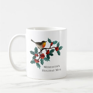 Holly Berries Winter Bird Personalized Holiday Coffee Mug