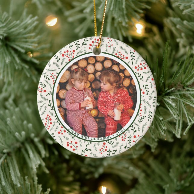Holly Berries Winter Greenery Photo Names  Ceramic Ornament (Tree)