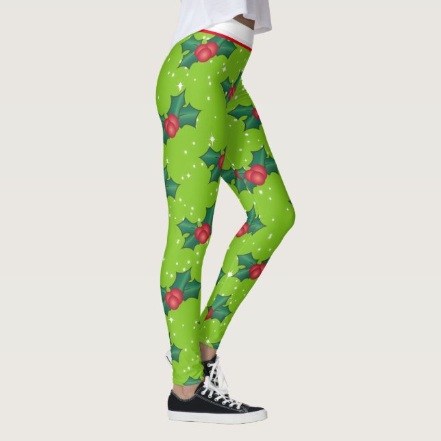Holly Berries with Snow and Stars on Bright Green Leggings (Right)