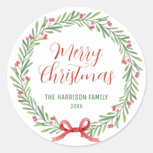 Holly Berries Wreath Greenery Christmas  Classic Round Sticker