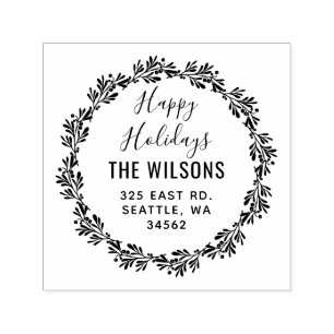Holly Berries Wreath Holidays Return Address Self-inking Stamp