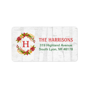 Holly Berries Wreath Initial White Winter Woodland Label