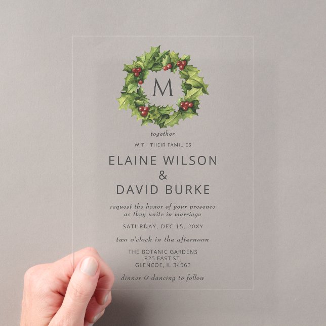 Holly Berries Wreath Monogram Winter Wedding Acrylic Invitations (Insitu (Handheld))