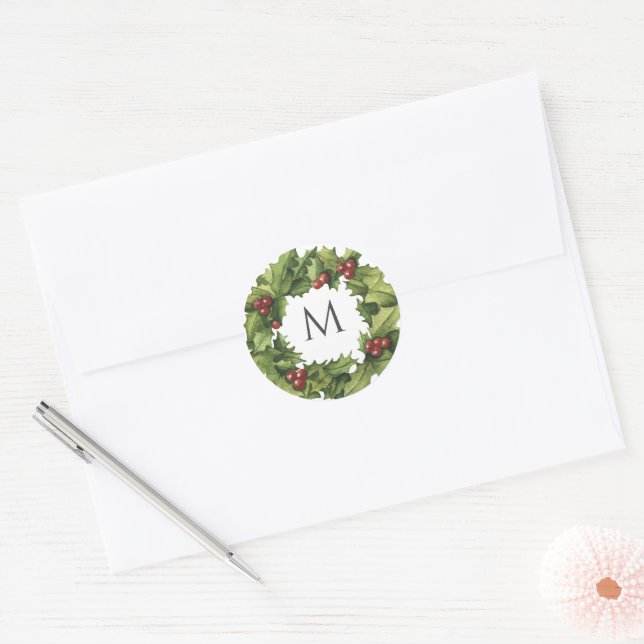 Holly Berries Wreath Monogram Winter Wedding Classic Round Sticker (Envelope)