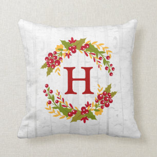 Holly Berries Wreath Monogrammed Family Wishes Throw Pillow