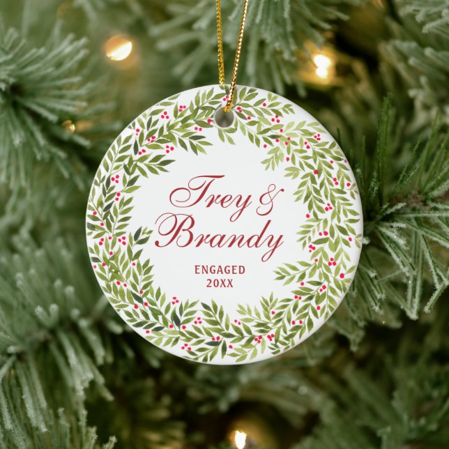 Holly Berries Wreath Personalized Engagement Ceramic Ornament (Tree)