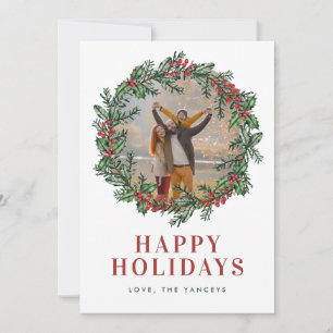 Holly & Berries Wreath Typographic Photo Holiday Card