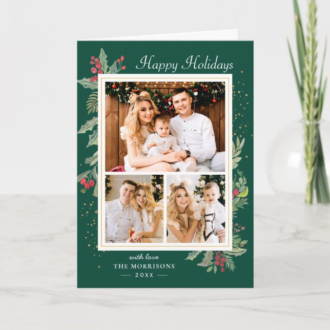 Holly Berries Xmas Green Happy Holidays 3 Photo Holiday Card (Front)