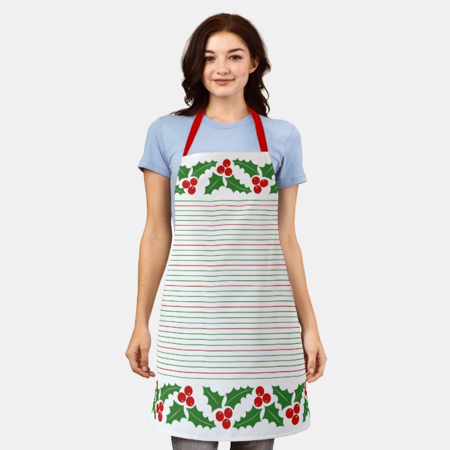 Holly berry and red, green stripes Christmas Apron (Worn)