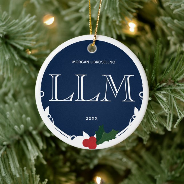 Holly Berry Blue White LLM Graduation Name Year Ceramic Ornament (Tree)