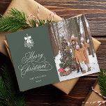 Holly Berry Bouquet Christmas Photo Green Flat Holiday Card<br><div class="desc">This photo Christmas flat card features elegant and romantic swirly calligraphy lettering with a winter holly berry bouquet and a Christmas tree pattern on the back. For more advanced customization of this design,  please click the BLUE DESIGN TOOL BUTTON above!</div>